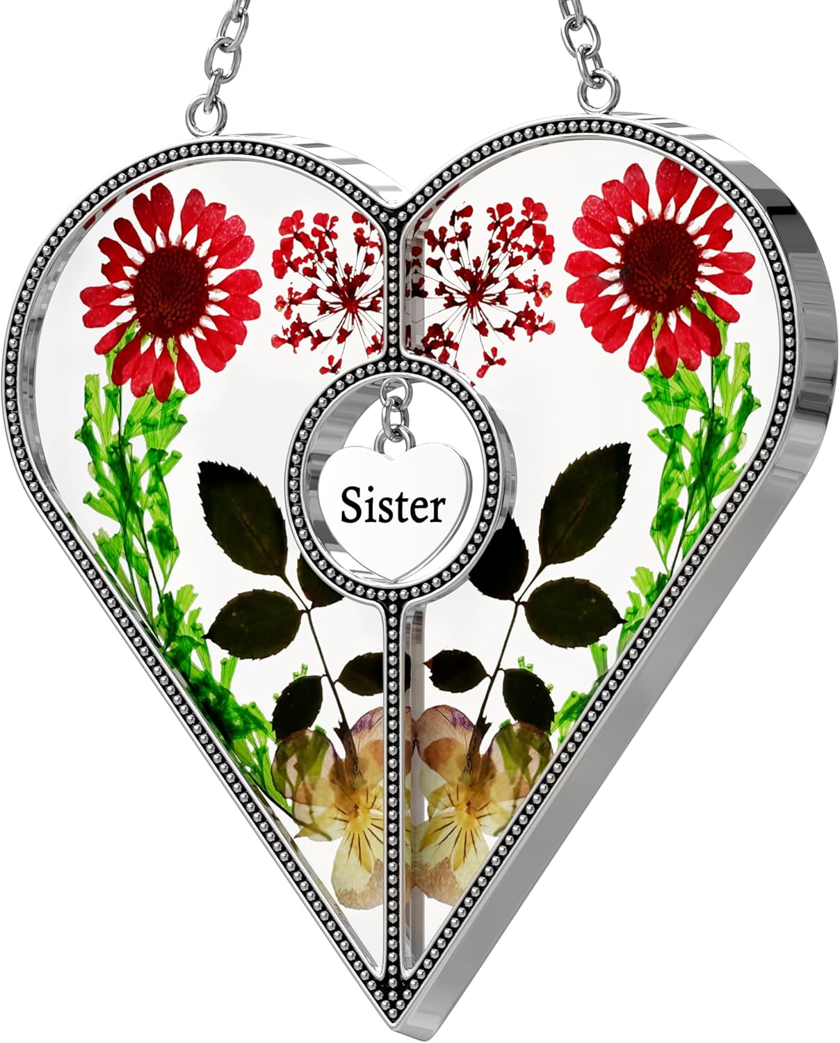 KY&BOSAM Heart Suncatcher for Windsows Hangings Sister Gifts Stained Glass Wind Chime with Pressed Real Flower in Glass with Metal Sister Heart Charm Birthday Gift for Women Mothers Day Christmas