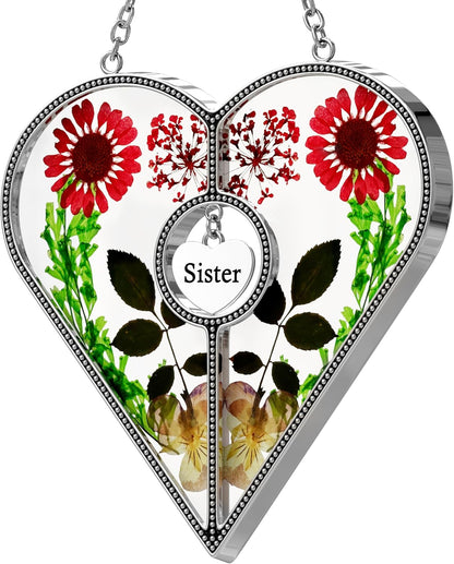 KY&BOSAM Heart Suncatcher for Windsows Hangings Sister Gifts Stained Glass Wind Chime with Pressed Real Flower in Glass with Metal Sister Heart Charm Birthday Gift for Women Mothers Day Christmas