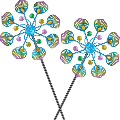2PCS Wind Spinners Outdoor, 37" Metal Wind Sculpture Yard Art Decorations, Freestanding Windmill for Patio Lawn Garden Decor (2pcs-Blue Green)