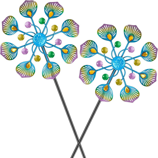 2PCS Wind Spinners Outdoor, 37" Metal Wind Sculpture Yard Art Decorations, Freestanding Windmill for Patio Lawn Garden Decor (2pcs-Blue Green)