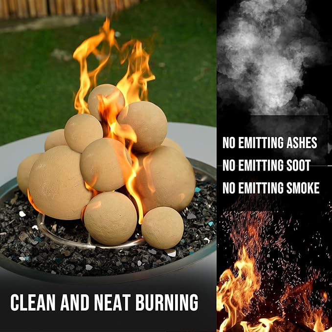 Skyflame 3" Ceramic Fire Pit Balls, Set of 15 Round Beige Fire Spheres for Indoor and Outdoor Fire Pits or Fireplaces