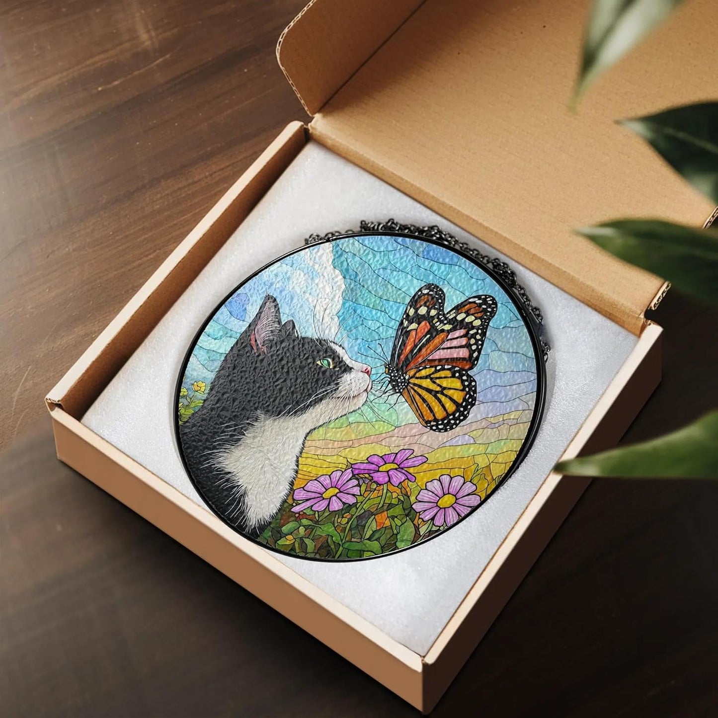 Tuxedo Cat Gifts, Black & White Cat Memorial Suncatcher Gift for Loss of Cats, Butterfly Stained Glass Suncatcher Window Hanging Garden Decor, Pet Loss Gift Christmas Sympathy Gifts for Women