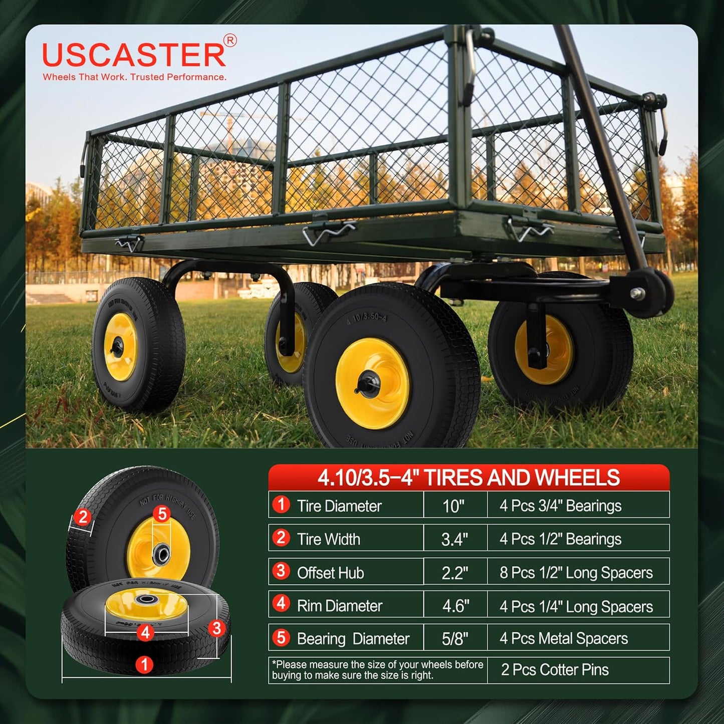 4.10/3.50-4 Tire and Wheel Flat Free,10-Inch Solid Wheel Replacement with 5/8 Extra 3/4 &1/2 Bearings,2.2" Offset Hub -Compatible with Hand Truck,Wheelbarrow,Dolly(Wave,Yellow)