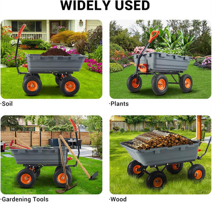 Garvee 800 LBS Poly Garden Dump Cart, Heavy-Duty Wheelbarrow with 10 in Tires, 180° Rotating Handle, Steel Frame and Quick Release System Garden Dump Cart for Soil Plants Gardening Tools Wood