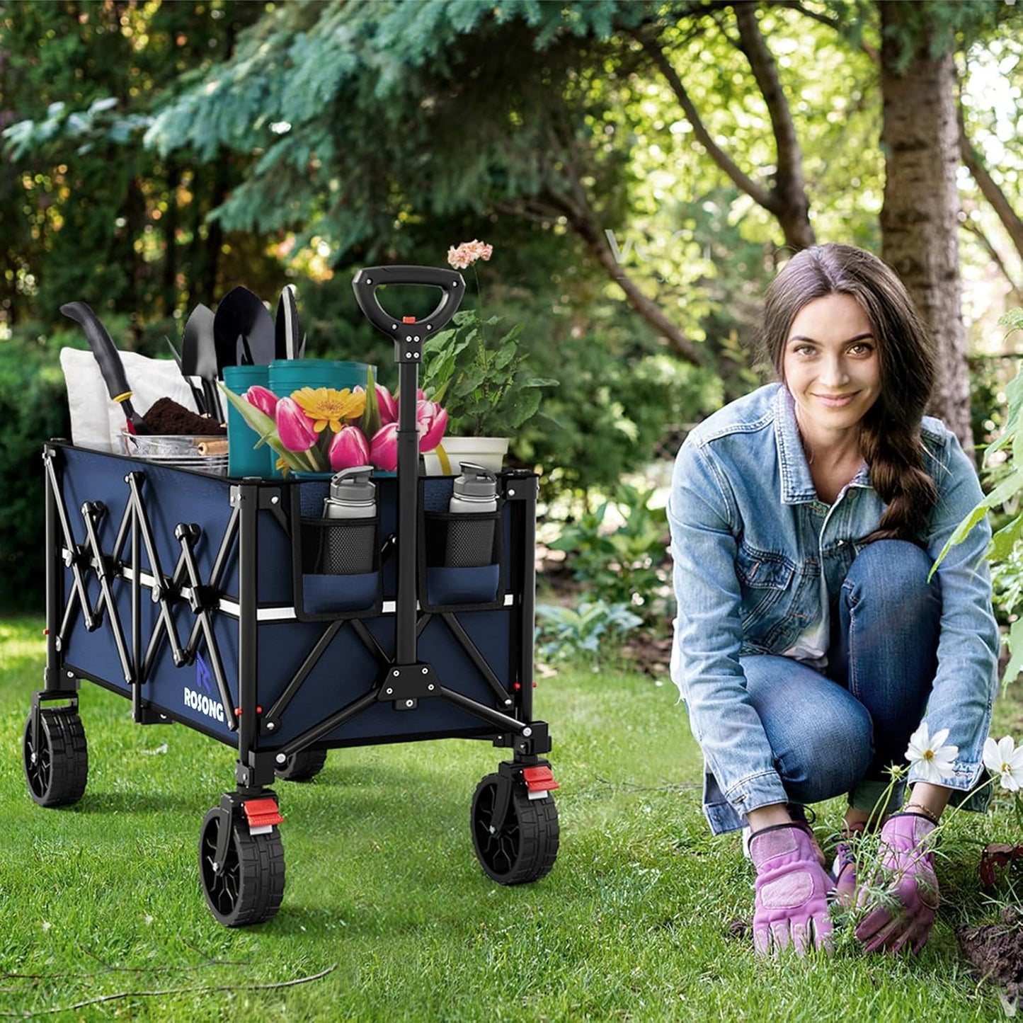 Collapsible Wagon Cart with Wheels Foldable - Folding Utility Heavy Duty Wagons Carts for Grocery Sports Garden Shopping Camping Wheelbarrows (Navy Blue, 150L)