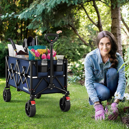 Collapsible Wagon Cart with Wheels Foldable - Folding Utility Heavy Duty Wagons Carts for Grocery Sports Garden Shopping Camping Wheelbarrows (Navy Blue, 150L)