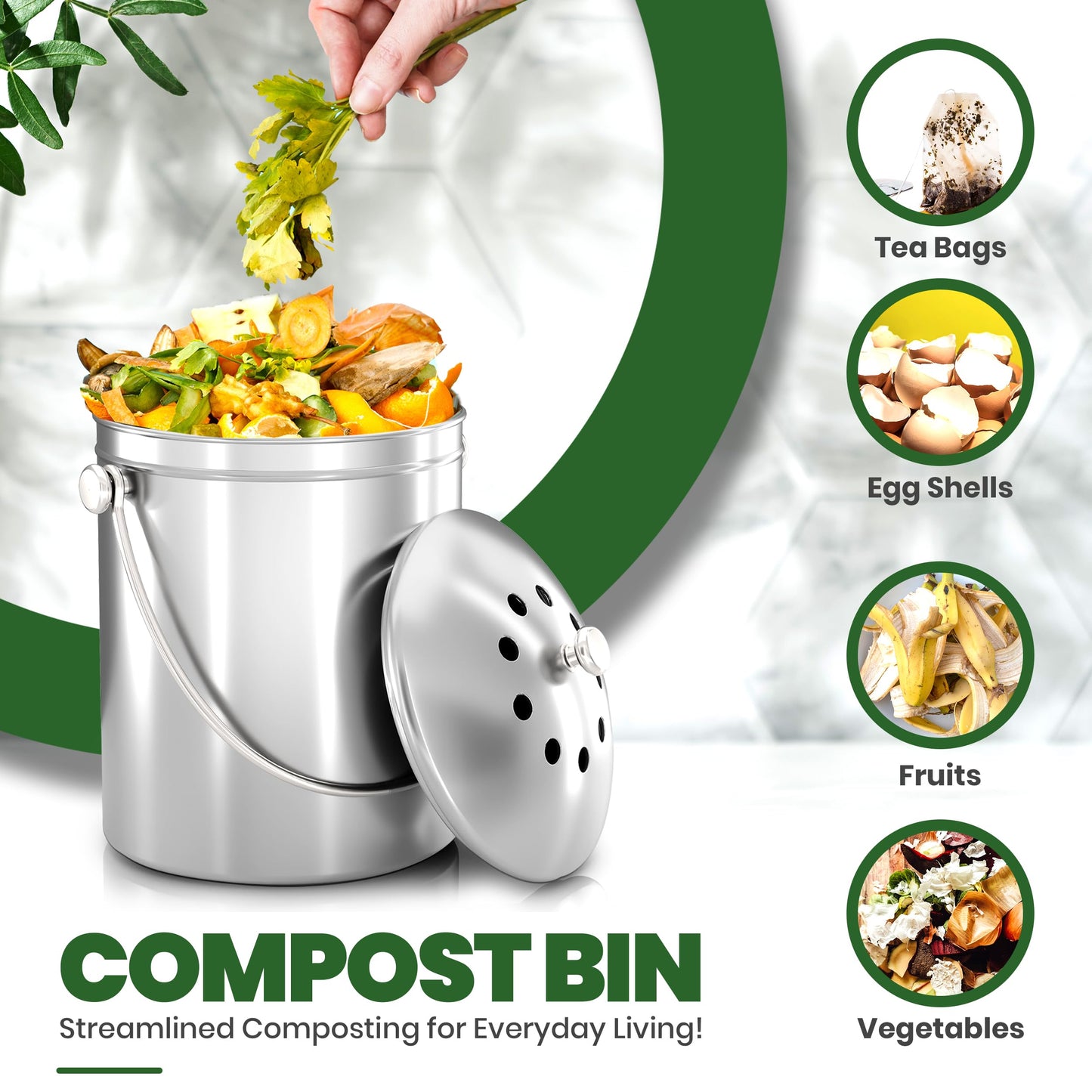 Utopia Kitchen Countertop Compost Bin 1.3 Gallon, Stainless Steel, Silver