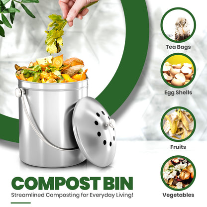 Utopia Kitchen Countertop Compost Bin 1.3 Gallon, Stainless Steel, Silver