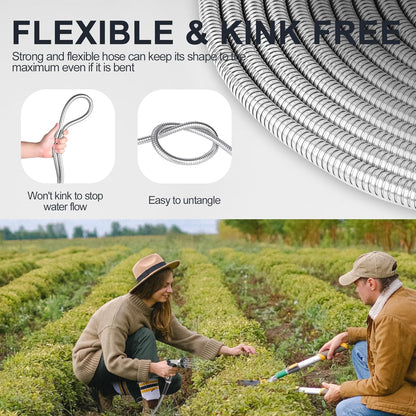 SPECILITE 25ft 304 Stainless Steel Garden Hose Metal, Heavy Duty Water Pipe with Nozzles for Yard, Outdoor - Flexible, Never Kink & Tangle, Puncture Resistant (Sliver)