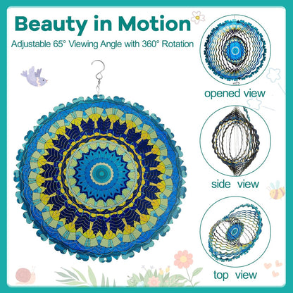 12 Inch Mandala Wind Spinners with Gazing Ball Spiral Tail, Outdoor 3D Stainless Steel Hanging Spinner Mandala Wind Catchers Sculpture for Indoor Outdoor Garden Yard Decoration(Blossom)