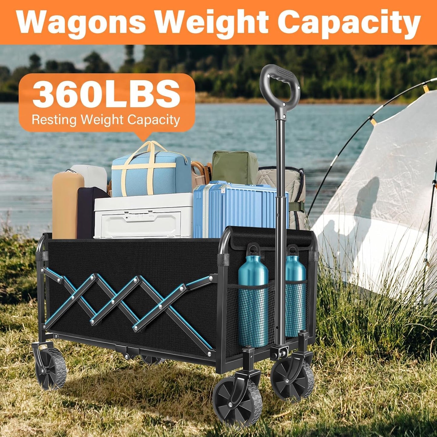 Wagons Carts Foldable, Collapsible Wagon Cart with Wheels - Beach Wagon Cart with Wheels for Sand Sports Camping Grocery, Black