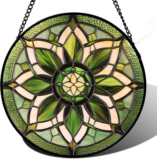 Stained Glass Window Hanging - White Green Boho Flower Suncatcher for Doors Window Home Sun