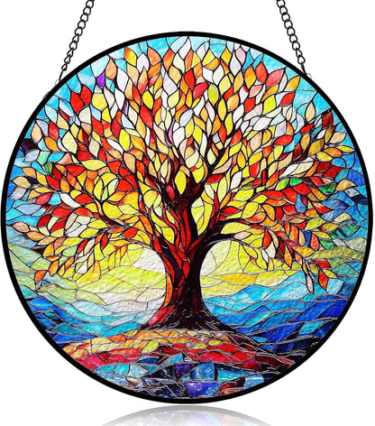 Tree of Life Stained Glass Suncatcher | 8" Round Indoor Window Sun Catchers with Stain Glass Panels | Handmade Wall Art Decor | Birthday Gifts for Women, Grandmothers