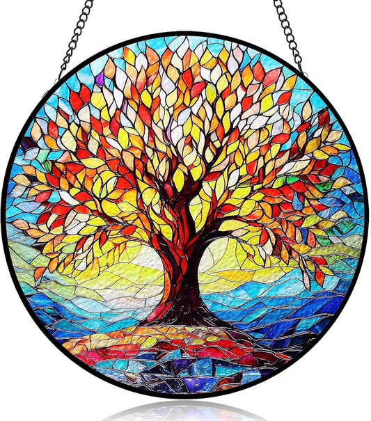 Tree of Life Stained Glass Suncatcher | 8" Round Indoor Window Sun Catchers with Stain Glass Panels