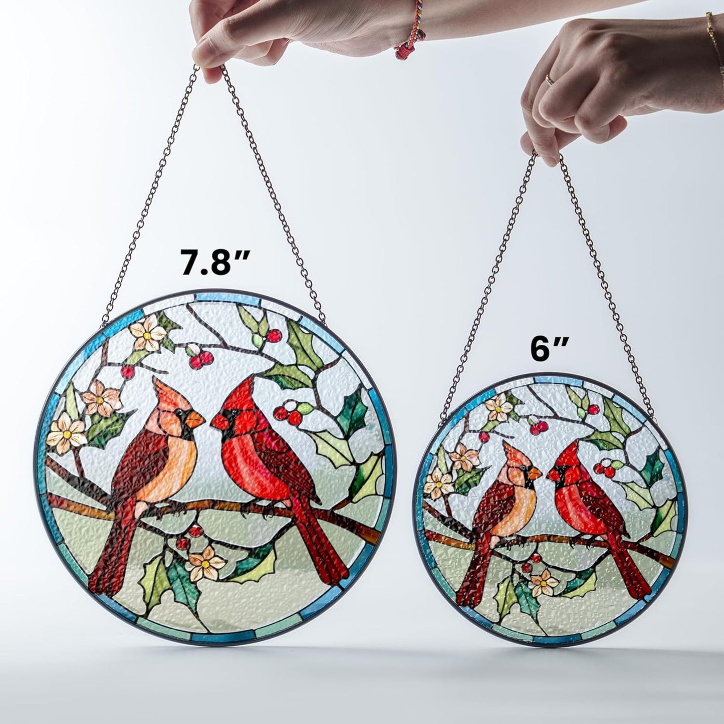 Cardinal Couple Stained Glass Suncatcher, Red Birds and Flower Art Glass Sun Catcher Crystal Ornament Window Hanging, Gifts for Bird Lovers Women Grandma Mom, Memorial Keepsake Painted Panel Décor