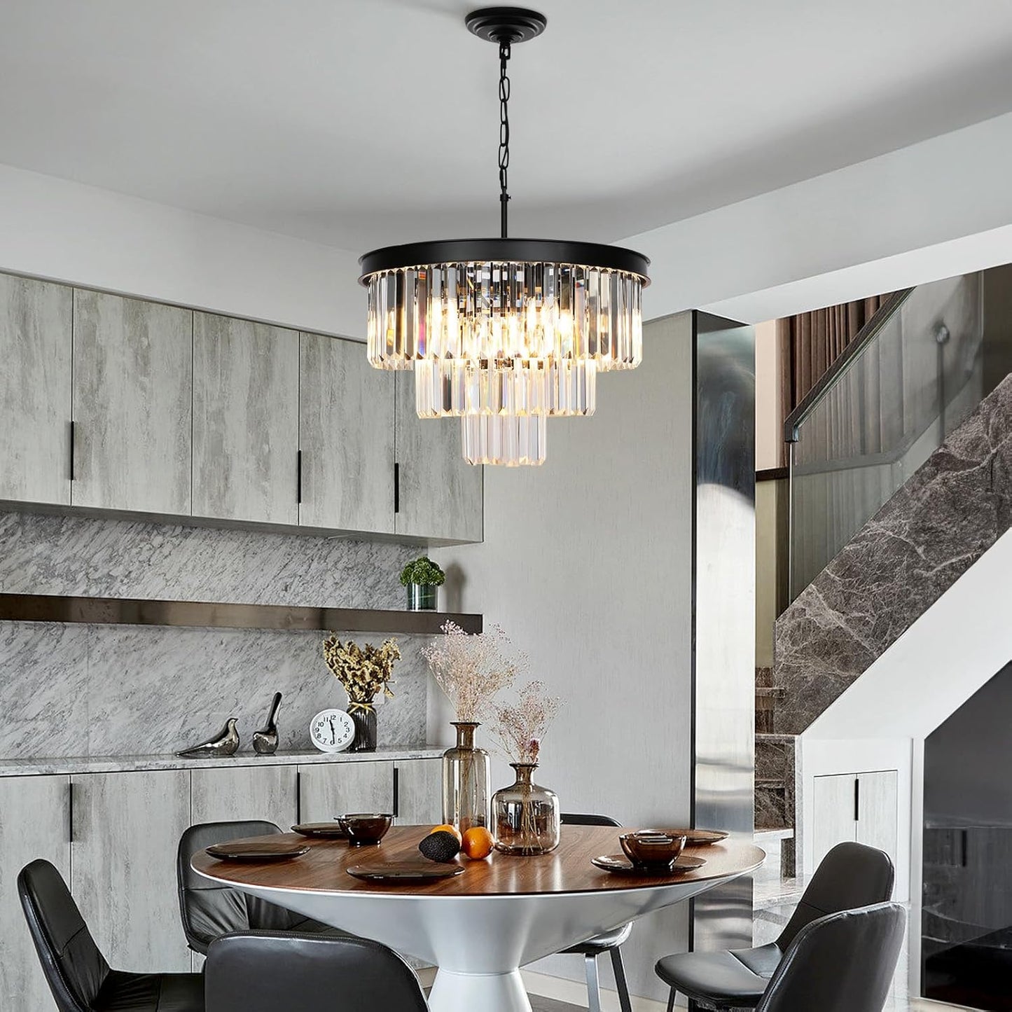 Crystal Chandeliers for Dining Room Lights Fixtures, 9 Lights Black Modern Chandeliers for Bedroom, 3-Tier Round Crystal Lighting Fixtures for Living Room Entryway Kitchen Island D20 Inch