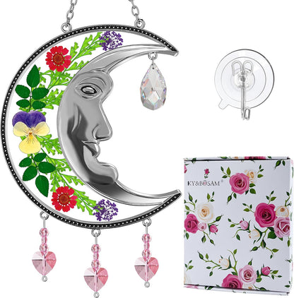 KY&BOSAM Moon Suncatchers Crystal Sun Face Gifts for Mom Family Friends Stained Glass for Windows Wind Chimes Real Flower Colorful Crystal Outdoor for Garden Indoor Home Trees Patio Yard Porch Decor