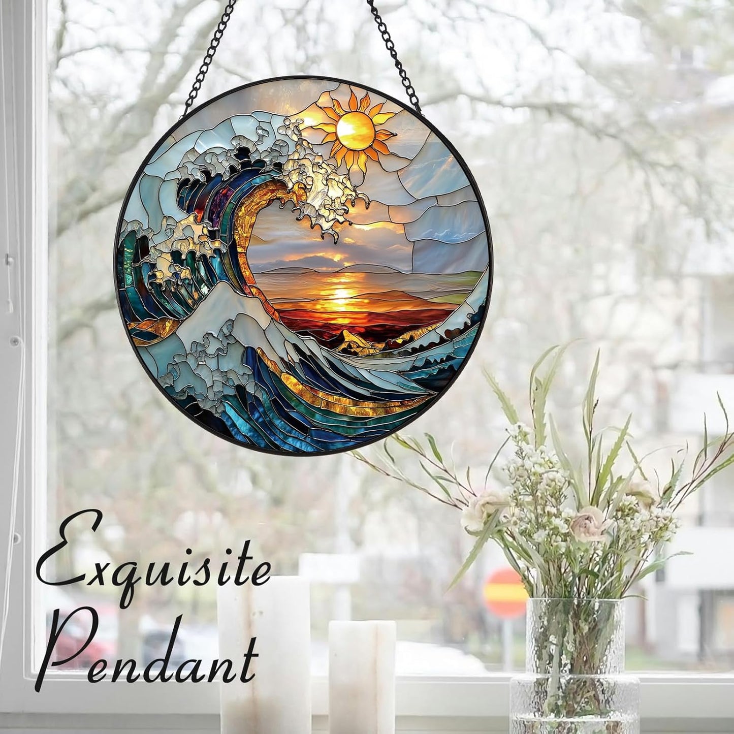 The Ocean Waves and The Sunrise Suncatcher -7.9 in Stained Glass Window Hanging Sun Catcher Garden Decor