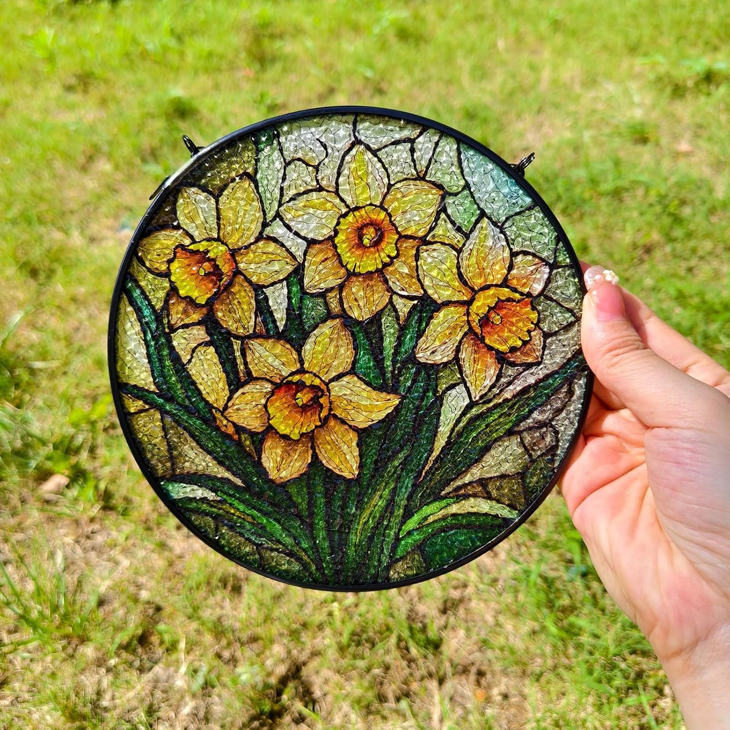 Stained Glass Window Hanging, Daffodil Flower Diamond Glass Panel Suncatcher Plant Sun Catchers for Home Garden Balcony Window Wall Decor, Gifts for Women,Mom (6.3 Inch)