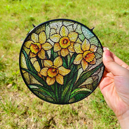 Stained Glass Window Hanging, Daffodil Flower Diamond Glass Panel Suncatcher Plant Sun Catchers for Home Garden Balcony Window Wall Decor, Gifts for Women,Mom (6.3 Inch)