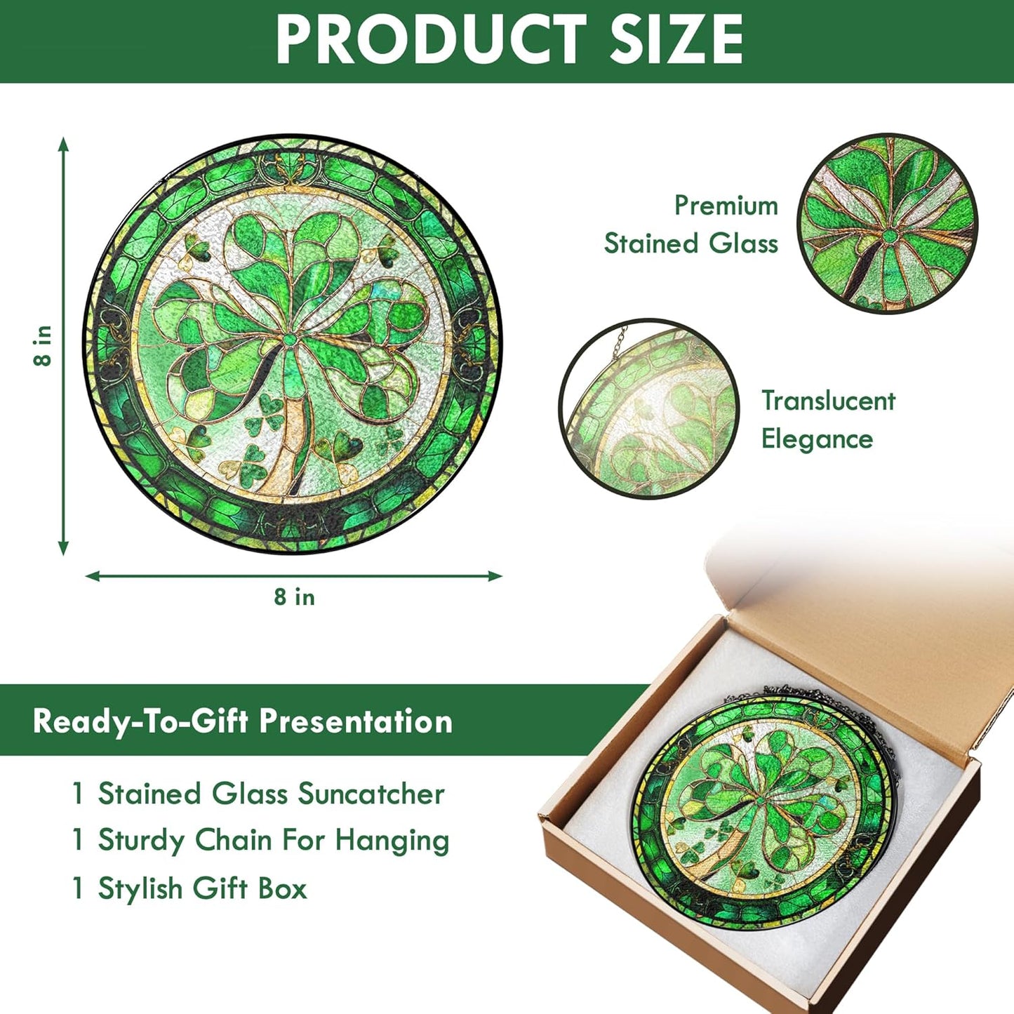 FLAGWIX Christmas Irish Gifts for Women Men - 100% Stained Glass Hanging Suncatcher 8 in - Birthday Christmas Irish Decorations for Family Friends, Shamrock Home Decor, St Patricks Day Decorations