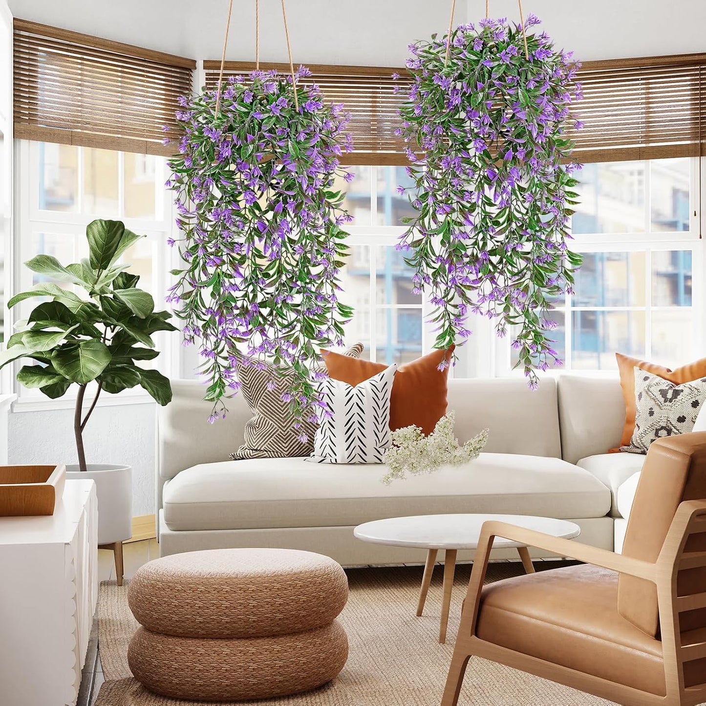 TOCHGREEN 4Pcs Artificial Hanging Plants Fern Vine, Faux Plastic Plants Fake Ivy Vine Greenery Garland with Purple Flower, Outdoor Indoor Decorations for Living Room Balcony Garden Wall Home Decor