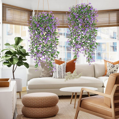 TOCHGREEN 4Pcs Artificial Hanging Plants Fern Vine, Faux Plastic Plants Fake Ivy Vine Greenery Garland with Purple Flower, Outdoor Indoor Decorations for Living Room Balcony Garden Wall Home Decor