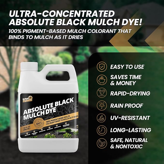 32oz Absolute Black Mulch Dye - Covers up to 2,500 sq. ft., Liquid Mulch Dye Black, Premium Color Concentrate, Ideal for Landscaping, Renews Faded Rubber or Wood Chips, 100% Color Pigment