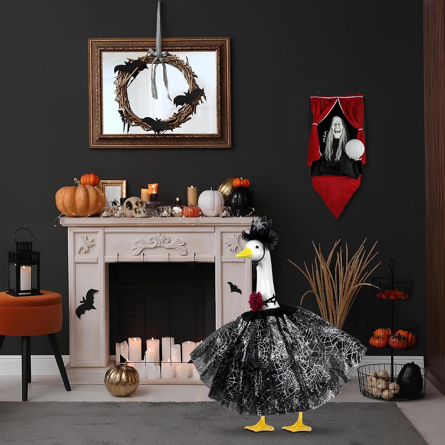 Halloween Porch Goose Outfits and Goose Clothes Fits 23" Plastic Cement Statues, Black Goose Outfit Costume with Rose Necklace for Outdoor Patio Yard Lawn Party