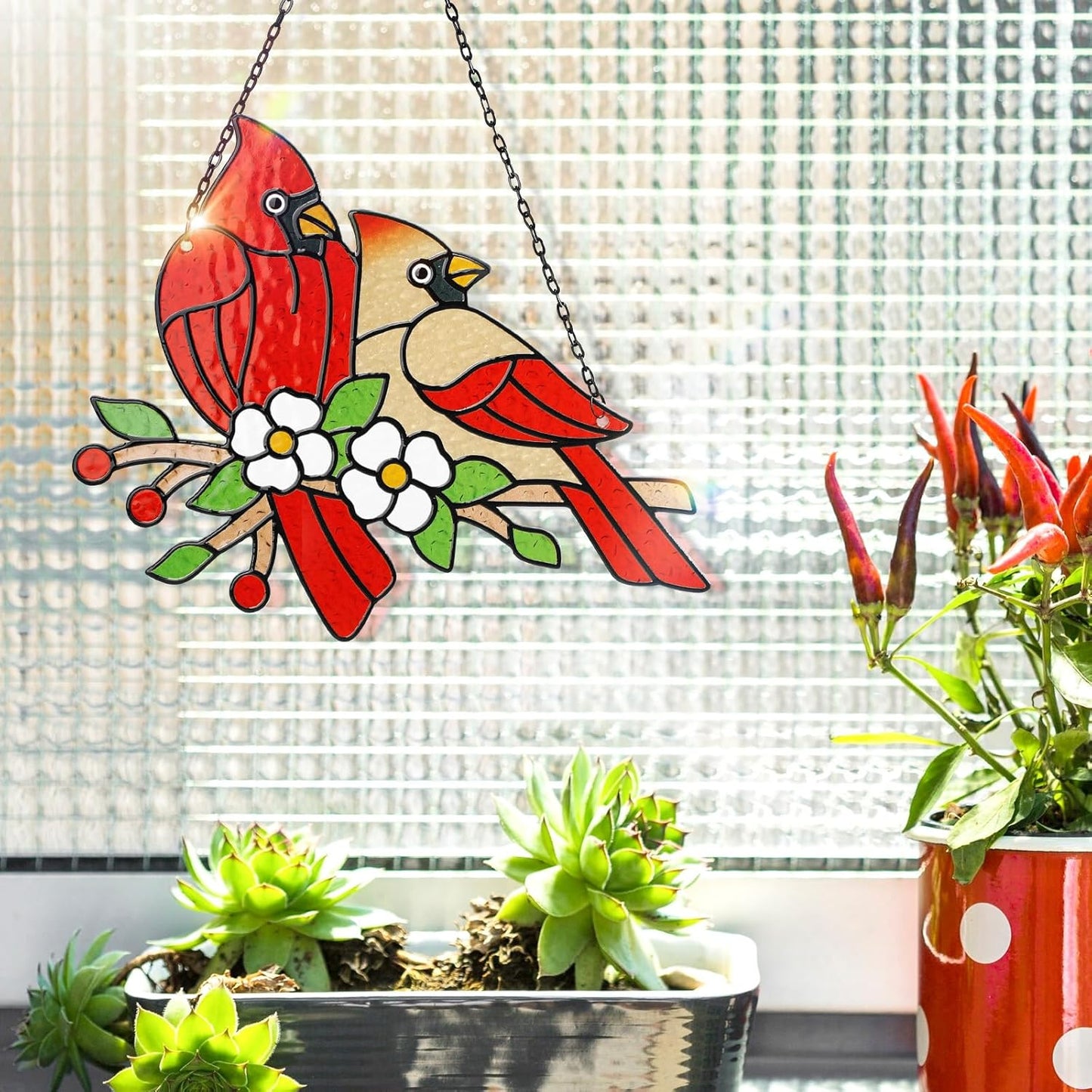 Tuitessine Cardinal Glass Suncatcher Red Bird Stained Glass Sun Catcher Cardinal Glass Wall Window Hanging Ornament Hand-Painted Glass Panel Decor Christmas for Mom Grandma Birds Lover 7.9×7.6”