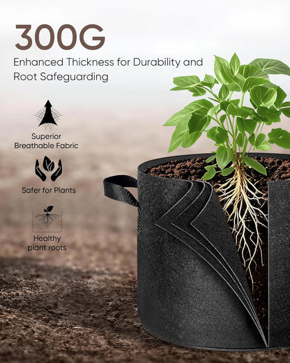 The Growing 5 Pack 15 Gallon Fabric Grow Bags，Thickened Aeration Nonwoven Fabric Plant Pots with Durable Handles,Heavy Duty 300G Planter Pot for Tomato, Fruits, Vegetables and Flowers, Black