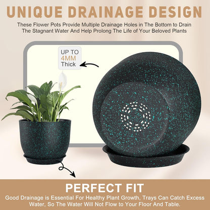 Plant Pots 10/9/8/7.5/7 inch Set of 5,Flower Pots with Multi Mesh Drainage Holes, Large Planters for Indoor Outdoor Garden Plants and Flowers. (Green Speckles)