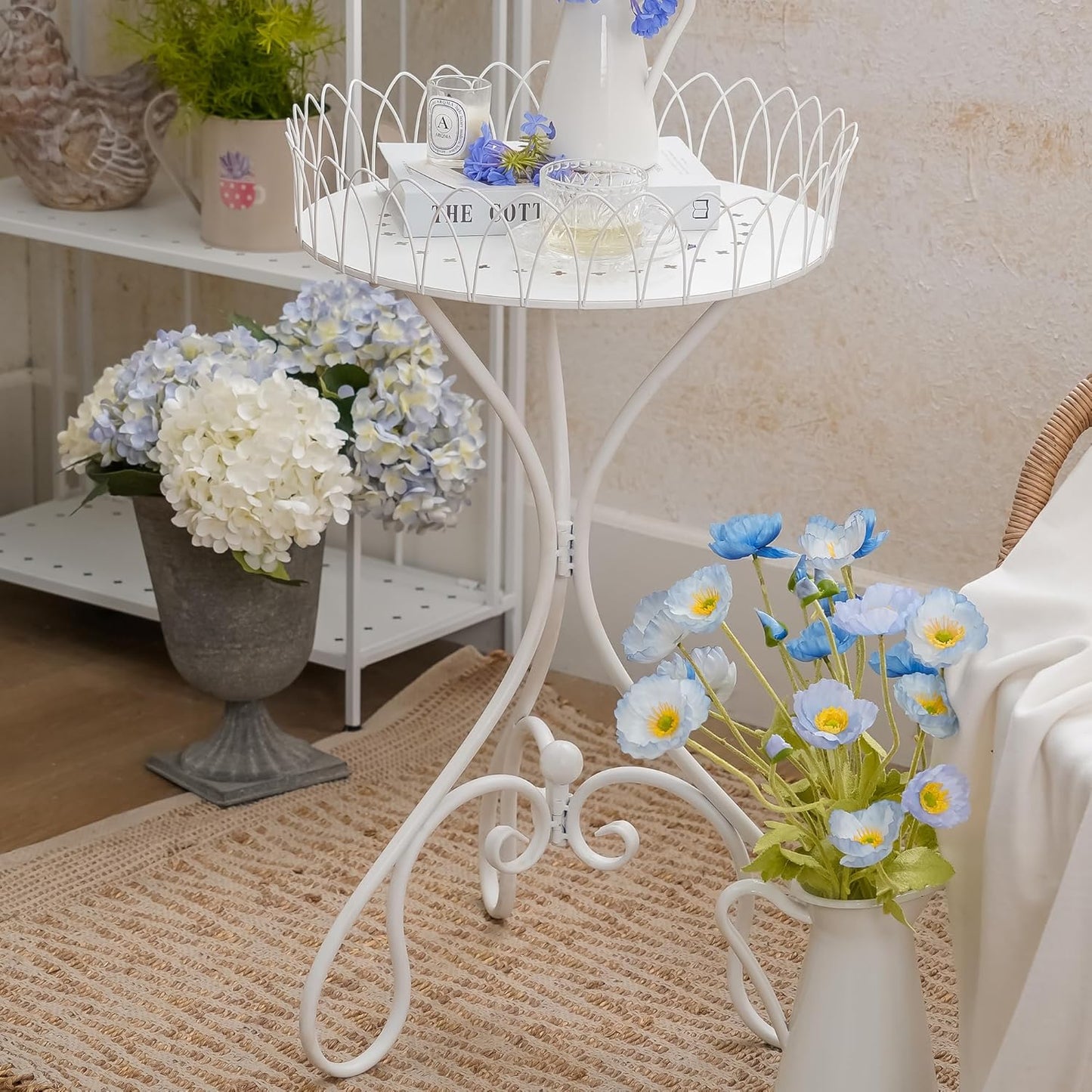 White Round Tabletop Plant Stand, French Vintage Metal Flower Pot Riser with Ornate Edge Detailing, Centerpiece Garden Decor
