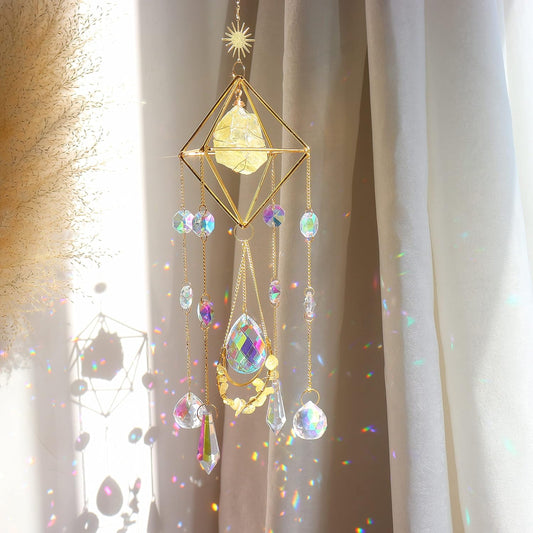 Citrine Crystal Suncatchers Colorful Prisms Windows Decor Garden Wind Chimes with Chain Pendant for