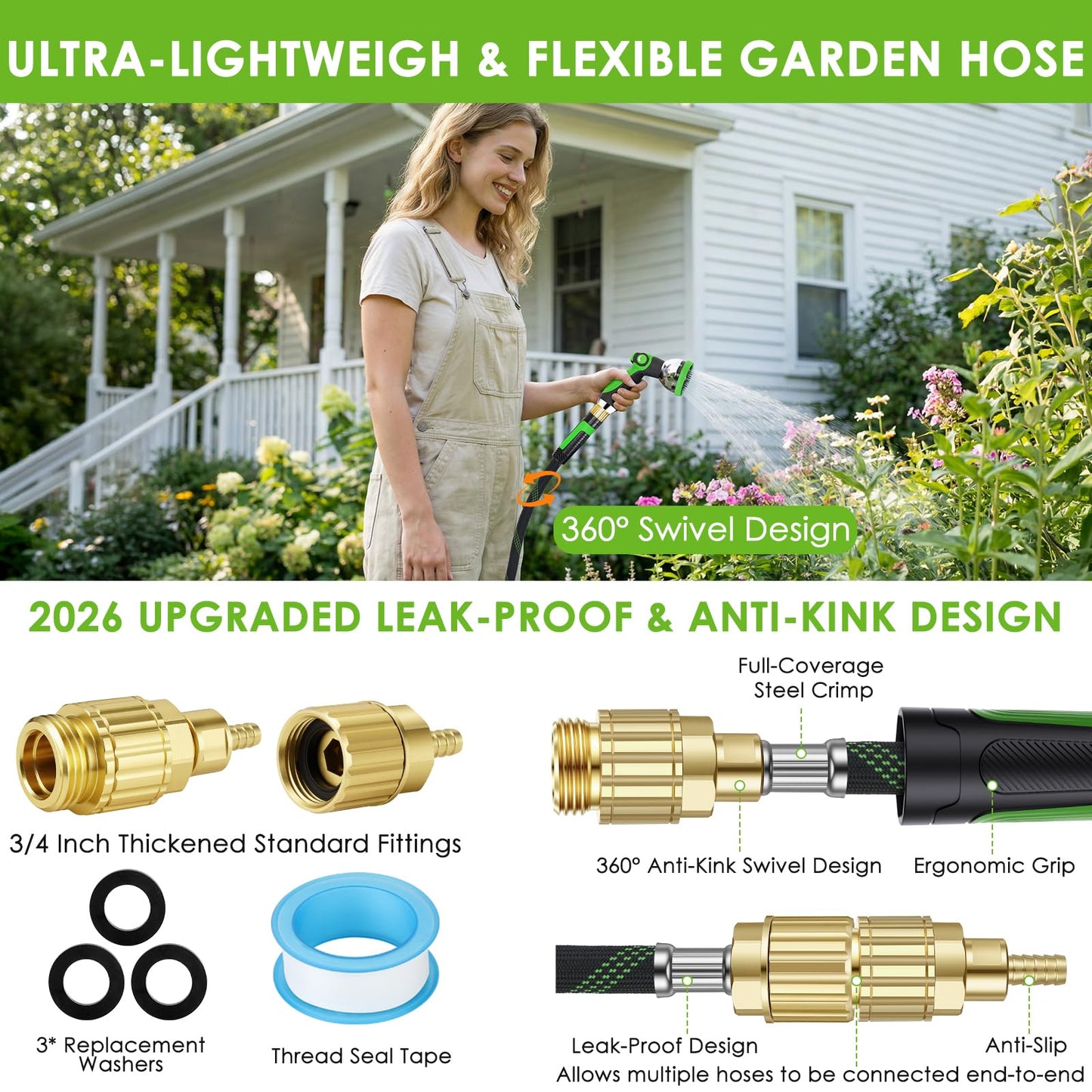 HORTICORA Garden Hose 100 ft, Non-Expandable Ultra-Lightweight Flexible Hose with 360° Dual-End