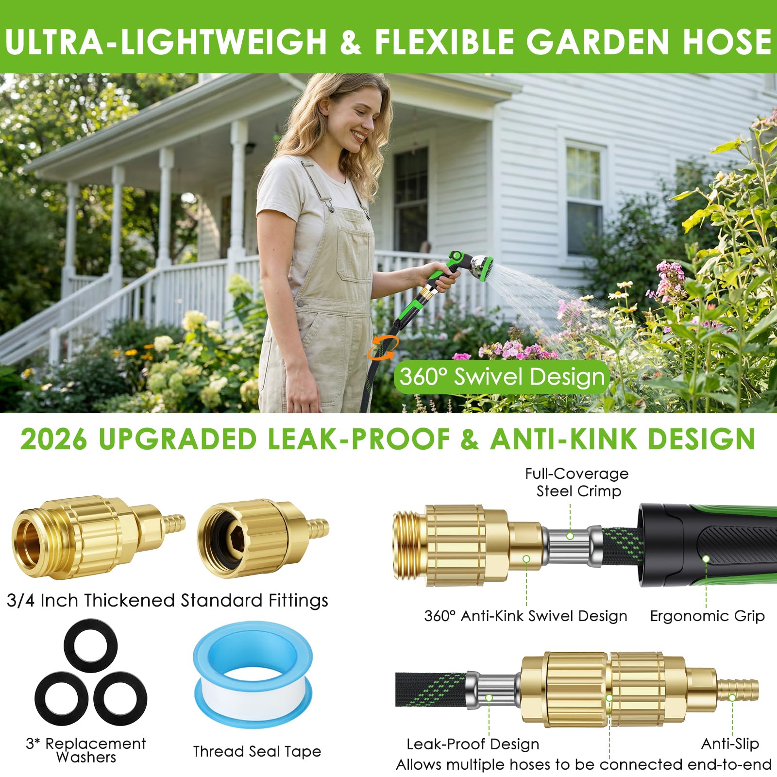 HORTICORA Garden Hose 100 ft, Non-Expandable Ultra-Lightweight Flexible Hose with 360° Dual-End