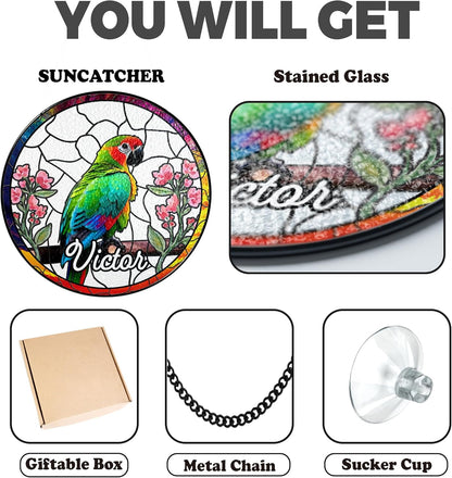 Parrot and Flowers Stained Glass Suncatcher Art Glass Bird and Flower for Sun Catcher Indoor Window Gift for Pet Animal Nature Floral Lover Women Mom Friend Painted Panel Décor