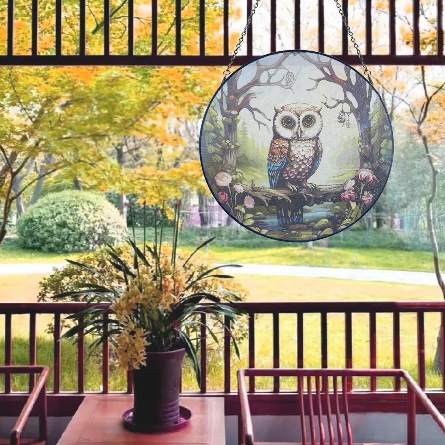Launching at 12", Hand Painted Owl Stained Glass Hanging, Includes Metal Chain