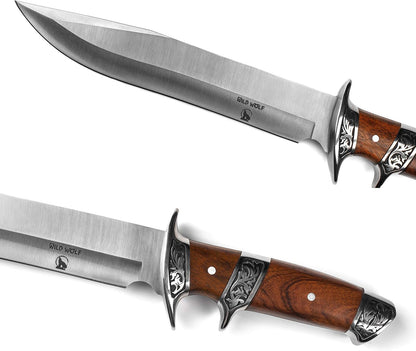 Wild Wolf X42 Survival Camping Fishing Fixed Semi-Full Tang Blade Hunting Knife with Rosewood Handle and Leather Sheath