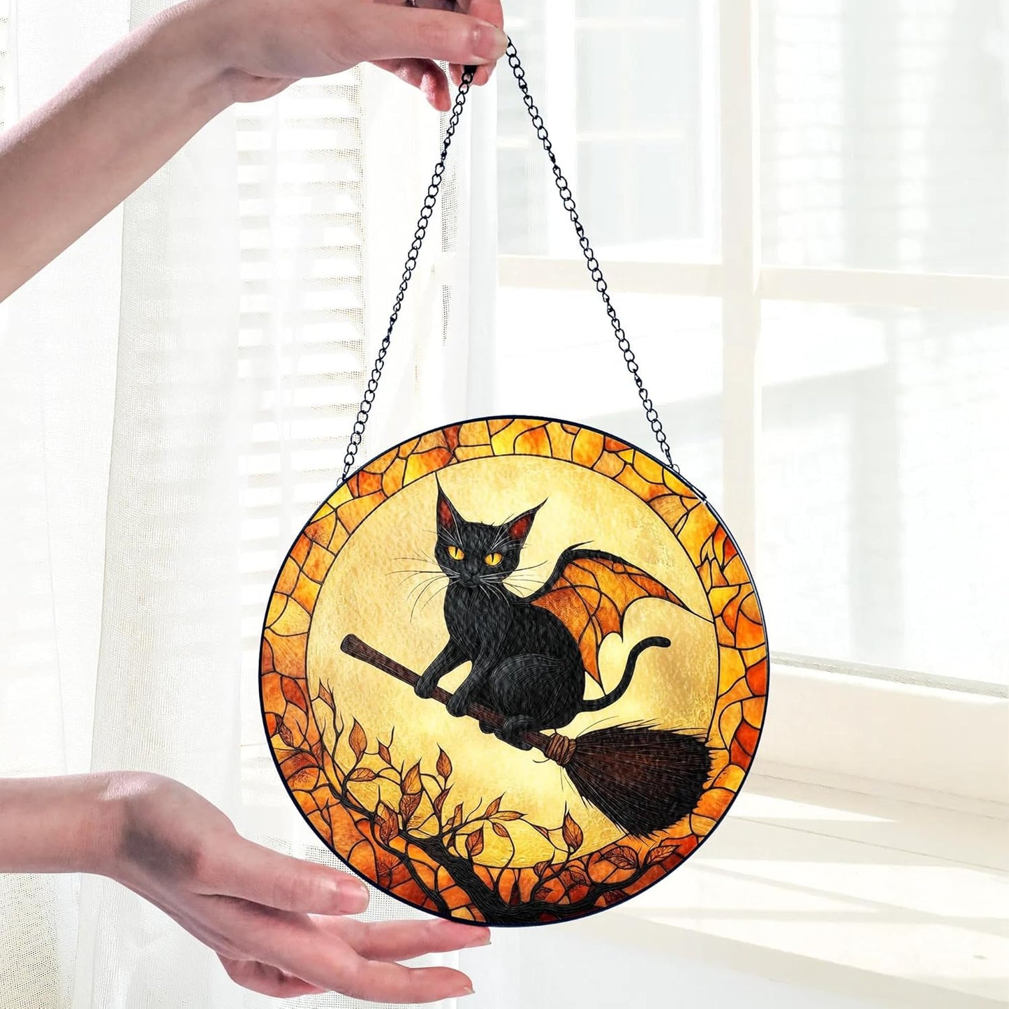 Black Cat Stained Glass Suncatcher, Halloween Cat Witch Window Hanging Decor, Pumpkin Spooky Suncatcher Decoration, Fall Season Home Outdoor Garden Decor Birthday Gifts for Women Witches Cats Lovers