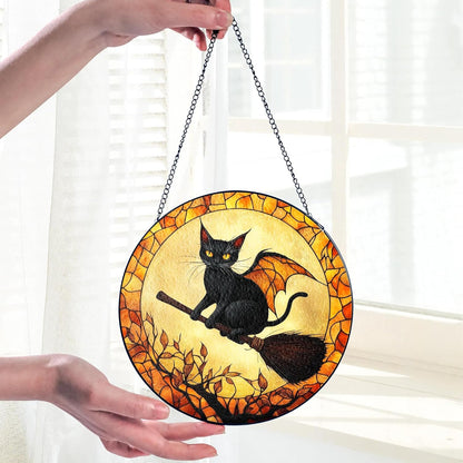 Black Cat Stained Glass Suncatcher, Halloween Cat Witch Window Hanging Decor, Pumpkin Spooky Suncatcher Decoration, Fall Season Home Outdoor Garden Decor Birthday Gifts for Women Witches Cats Lovers