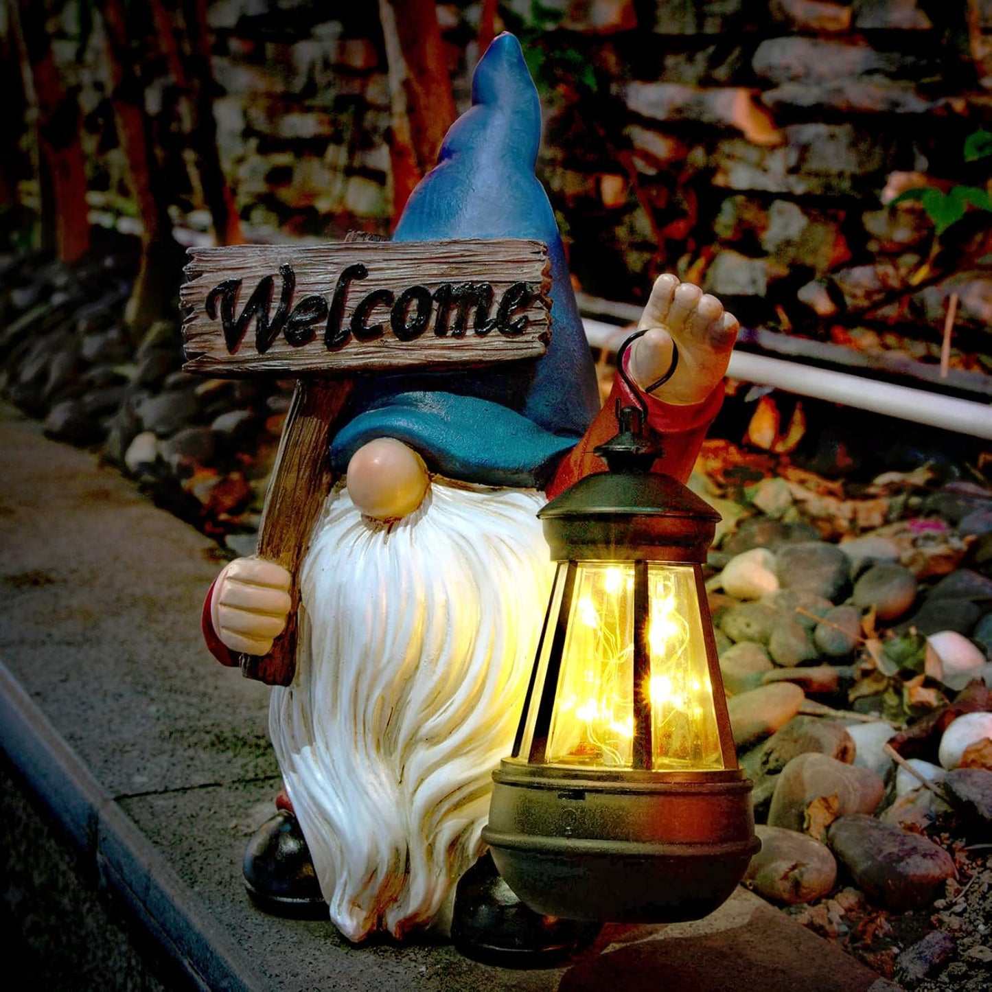 Garden Gnome Outdoor Decoration Solar Gnomes Statue with Lantern LED Lights,Terrace Courtyard Lawn Patio Porch Fall Decoration Halloween Christmas Housewarming Gift for Mom Women, Gnome Blue