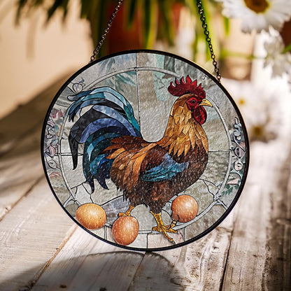 7.8" Rooster and Eggs Stained Glass Suncatcher Art Glass Cock Sun Catcher Indoor Window Gift for Pet Farmhouse Animal Nature Floral Lover Women Grandma Mom Friend Panel Décor ANI-03A-SG8