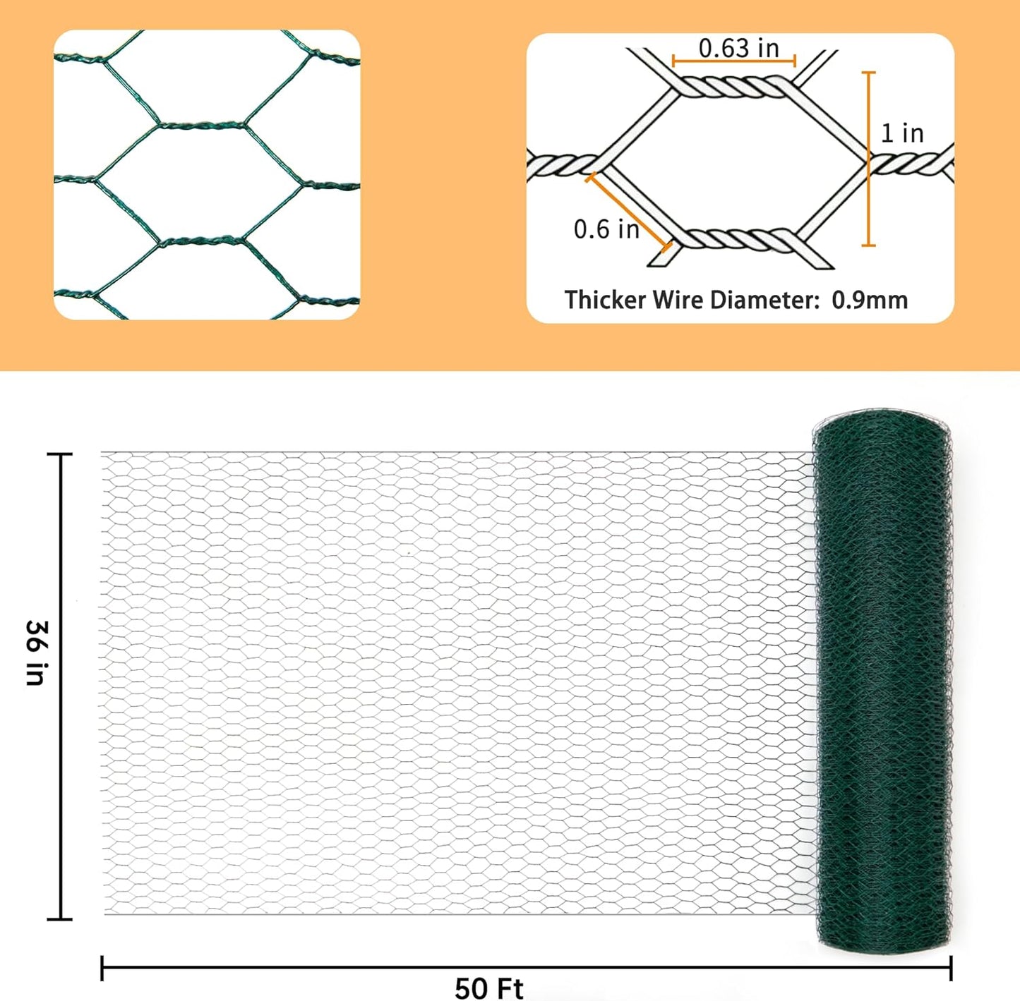 Green Chicken Wire 36 inch(H) x 50 ft(L), Anti-Rust Hexagonal Galvanized Metal Garden Netting for Floral Arrangements, PVC Coated Chicken Wire Coop for Crafts Plant Protector Pet Rabbits Fencing