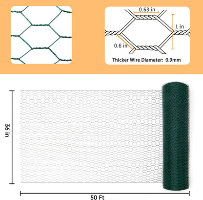 Green Chicken Wire 36 inch(H) x 50 ft(L), Anti-Rust Hexagonal Galvanized Metal Garden Netting for Floral Arrangements, PVC Coated Chicken Wire Coop for Crafts Plant Protector Pet Rabbits Fencing