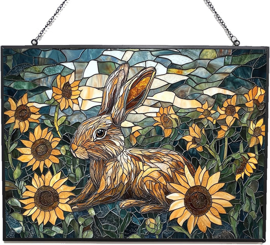 Customized Rectangle Art Nouveau Sunflower Rabbit Suncatchers for Windows, Stained Glass Window