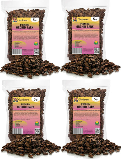 GARDENERA New Zealand Pinus Radiata Bark - 20 Quart - Organic Hand Mixed New Zealand Orchiata Pine Bark for Orchids - Medium Chips 9-12mm - (4 Bags of 5 Quart)