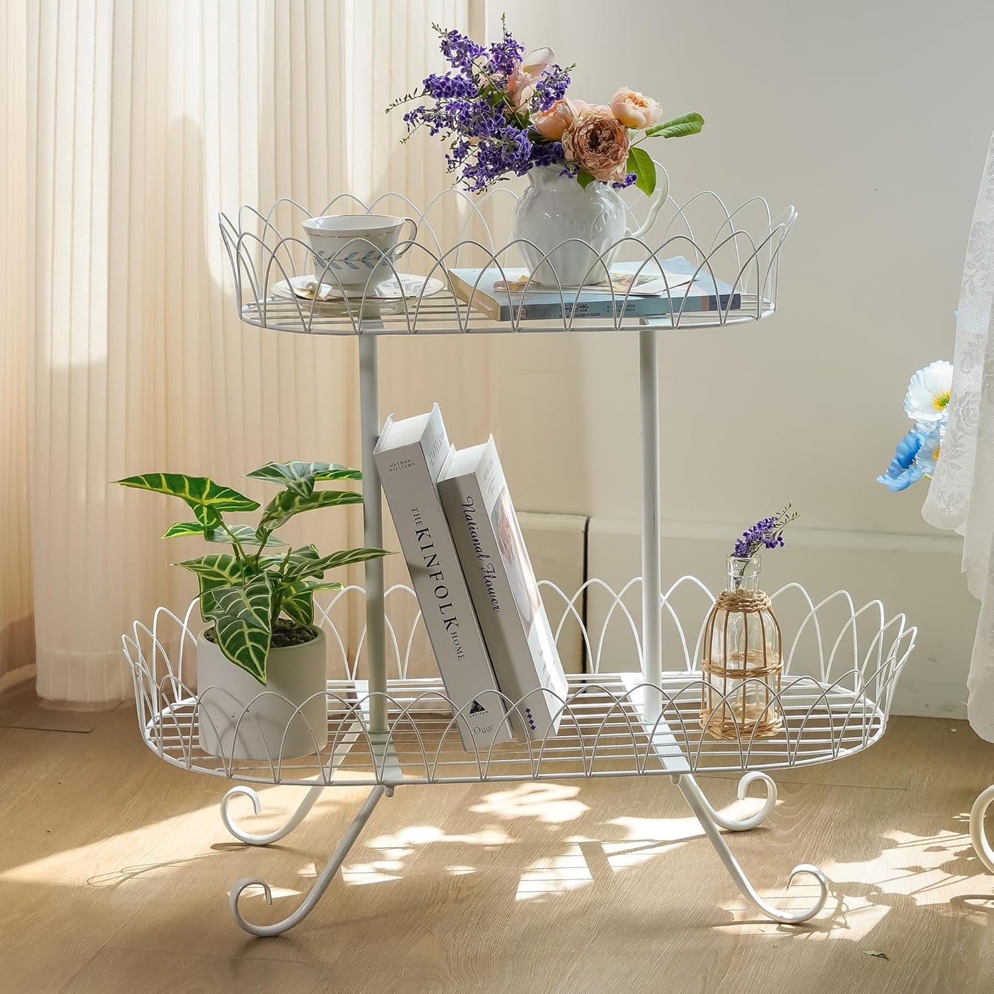 White Oval Plant Stand for Plants, French Provincial Side Table with Floral Accents, Low Indoor Greenery Display Shelf Garden Decor