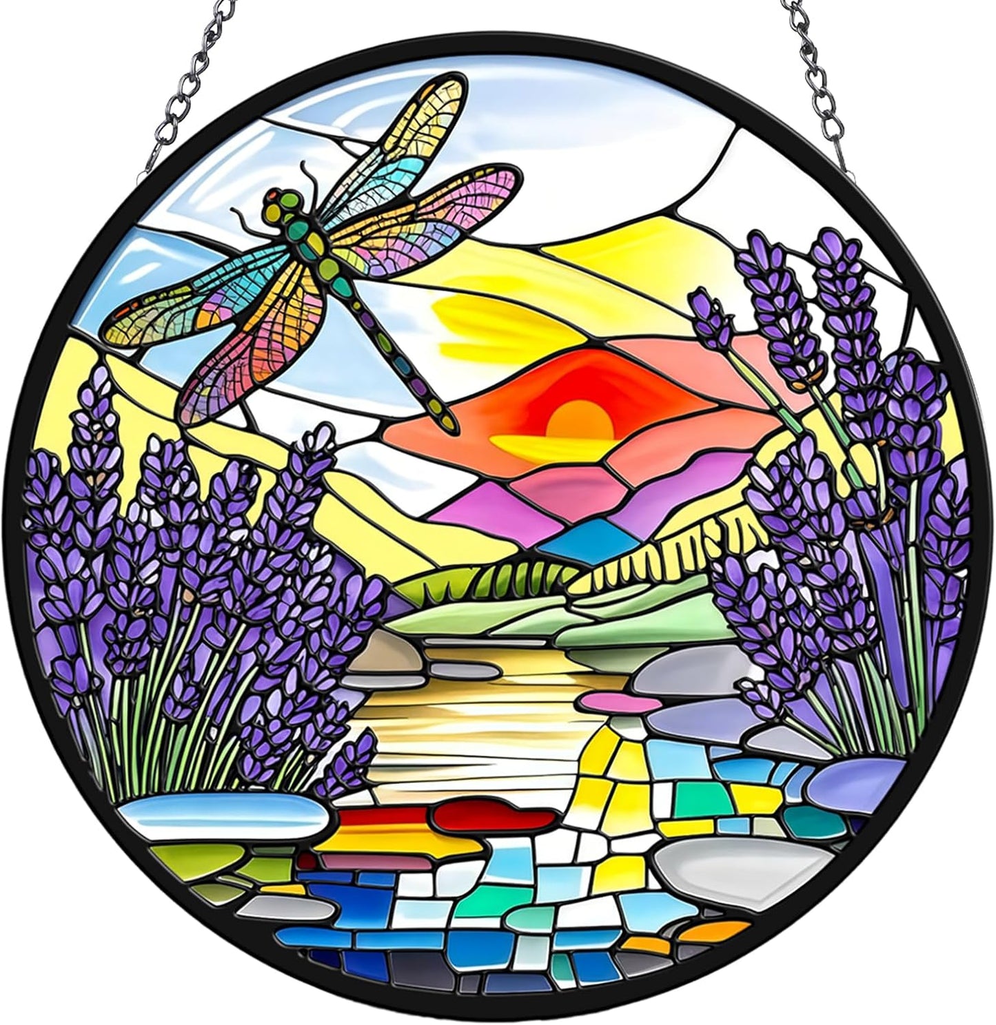 Lavender Dragonfly Suncatchers Stained Glass for Windows Hanging - 8 in UV Print Sun Catchers Indoor Window - Stain Glass Window Hanging for Gifts, Decor, Wall Art