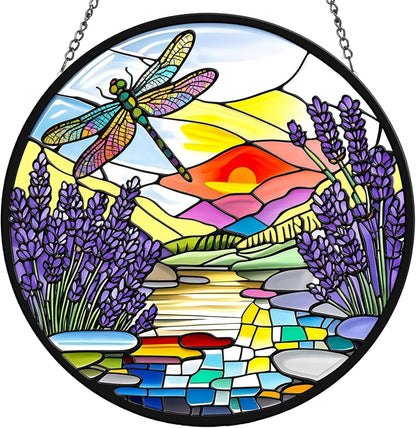 Lavender Dragonfly Suncatchers Stained Glass for Windows Hanging - 8 in UV Print Sun Catchers Indoor Window - Stain Glass Window Hanging for Gifts, Decor, Wall Art